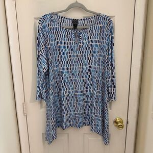 Clara SunWoo Women’s Tunic Shirt Size XL Blue Paintbrush Artsy Keyhole Flowy